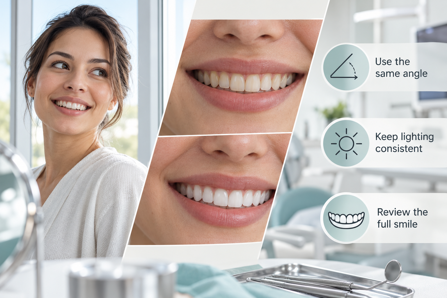 Infographic: Before and after Teeth Whitening comparison, full smile view. Use the same angle. Keep lighting consistent. Review the full smile