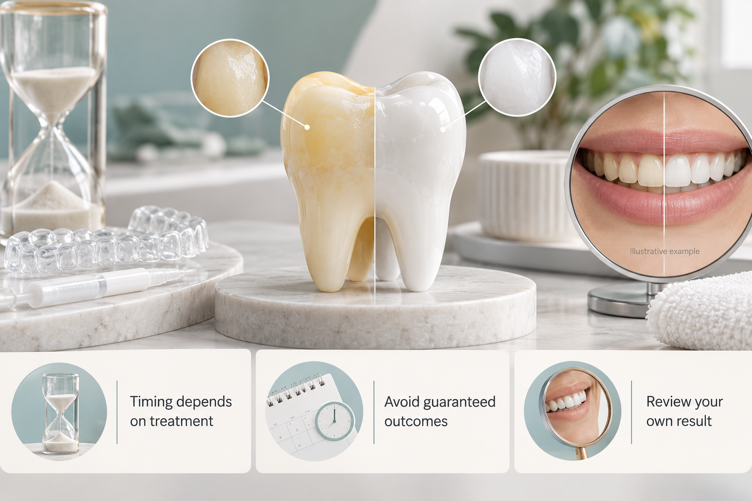 Infographic: One hour before and after Teeth Whitening results. Timing depends on treatment. Avoid guaranteed outcomes. Review your own result