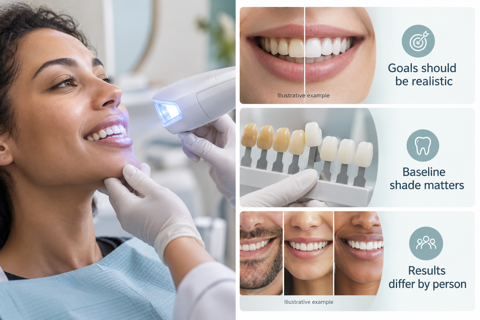 Infographic: Whiter smile in one hour, before and after Teeth Whitening results. Goals should be realistic. Baseline shade matters. Results differ by person