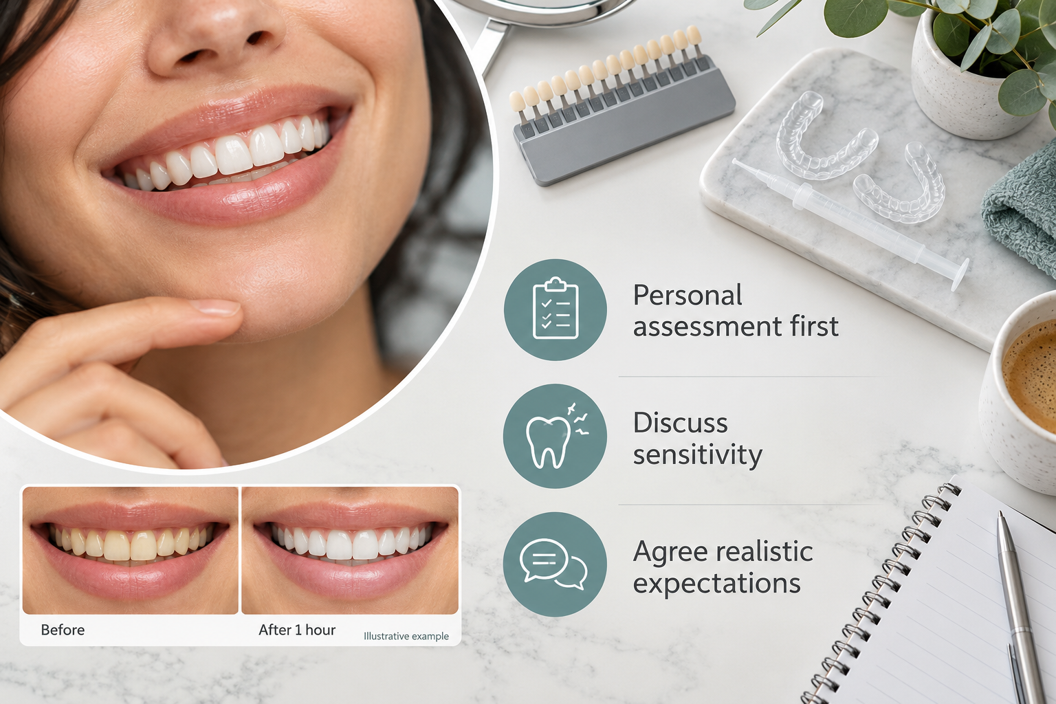 Infographic: Patient before and after Teeth Whitening, whiter smile in one hour. Personal assessment first. Discuss sensitivity. Agree realistic expectations