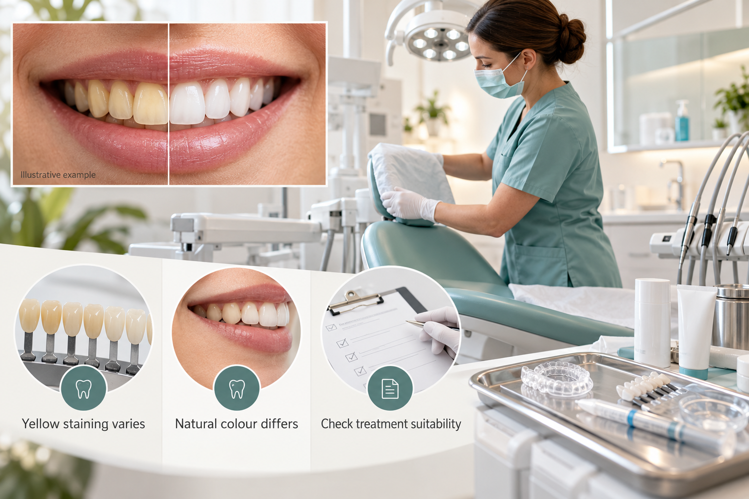 Infographic: Stained yellow teeth before and after Teeth Whitening. Yellow staining varies. Natural colour differs. Check treatment suitability