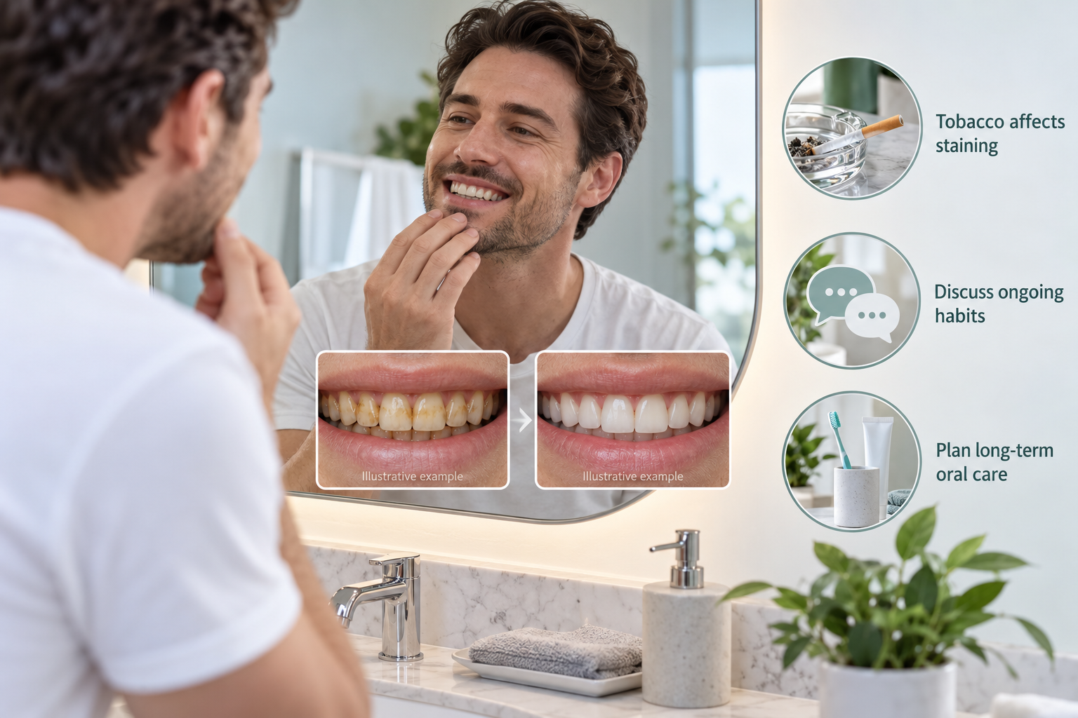 Infographic: Before and after Teeth Whitening on tobacco-stained teeth. Tobacco affects staining. Discuss ongoing habits. Plan long-term oral care