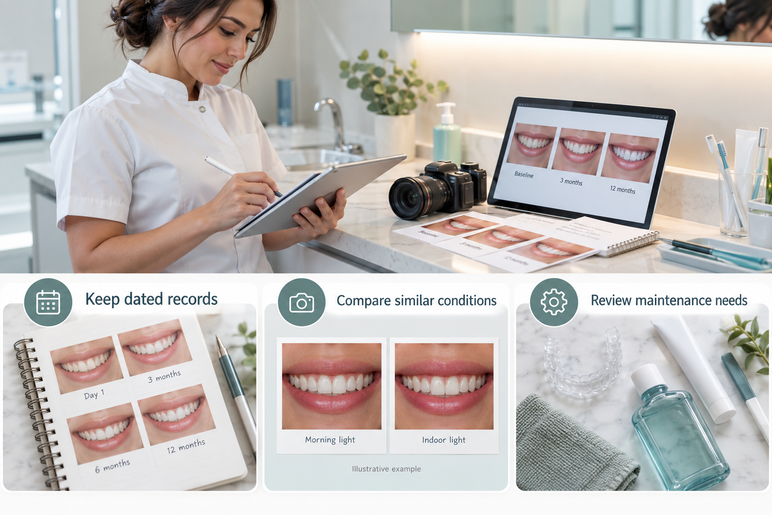 Infographic: Long lasting Teeth Whitening results documented over time. Keep dated records. Compare similar conditions. Review maintenance needs