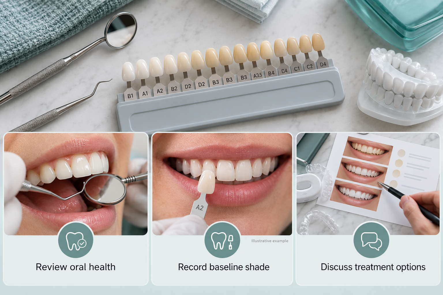 Infographic: Teeth Whitening treatment overview showing clinical assessment and shade recording. Review oral health. Record baseline shade. Discuss treatment options
