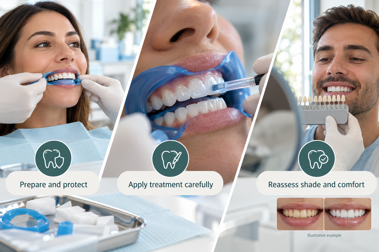 Infographic: Step-by-step Teeth Whitening procedure from preparation through to shade reassessment. Prepare and protect. Apply treatment carefully. Reassess shade and comfort
