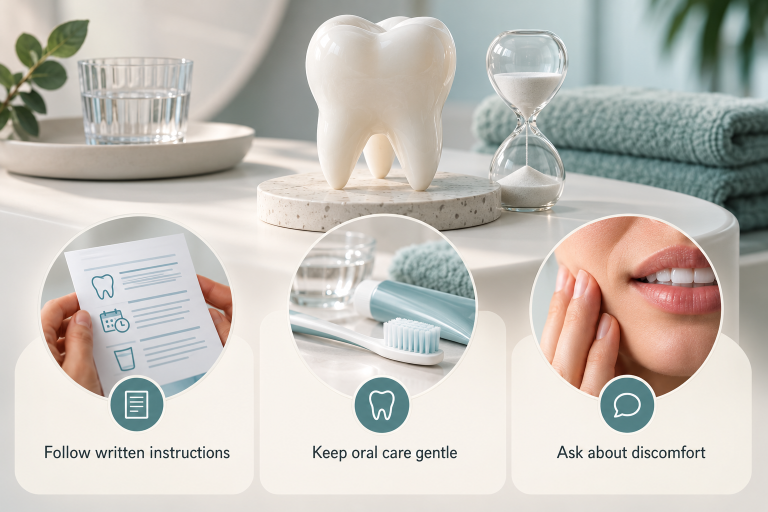 Infographic: Aftercare guidance for the first 48 hours following Teeth Whitening treatment. Follow written instructions. Keep oral care gentle. Ask about discomfort