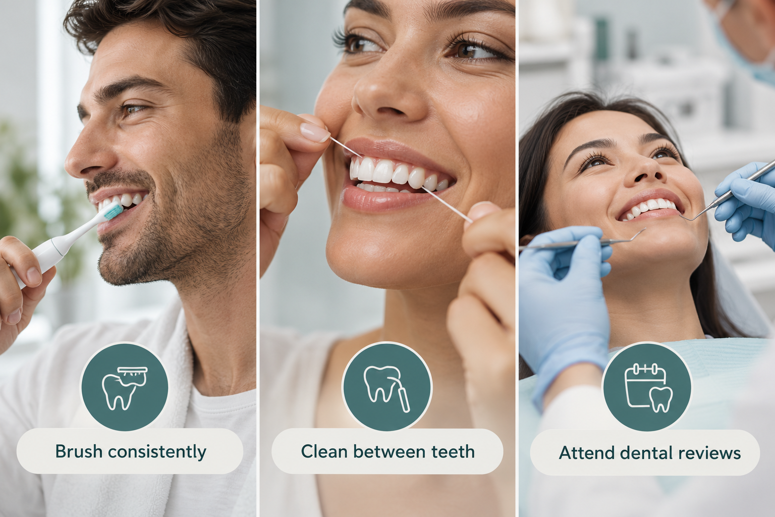 Infographic: Daily oral care habits that maintain Teeth Whitening results over time. Brush consistently. Clean between teeth. Attend dental reviews