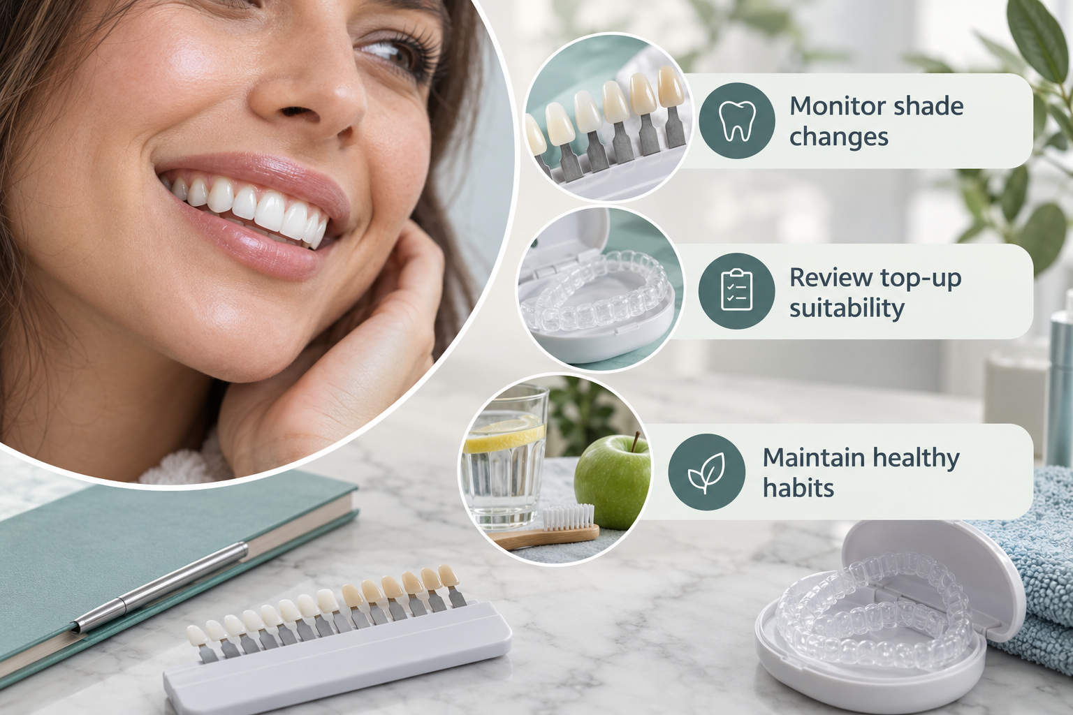Infographic: Long-term teeth whitening maintenance and top-up treatment options. Monitor shade changes. Review top-up suitability. Maintain healthy habits