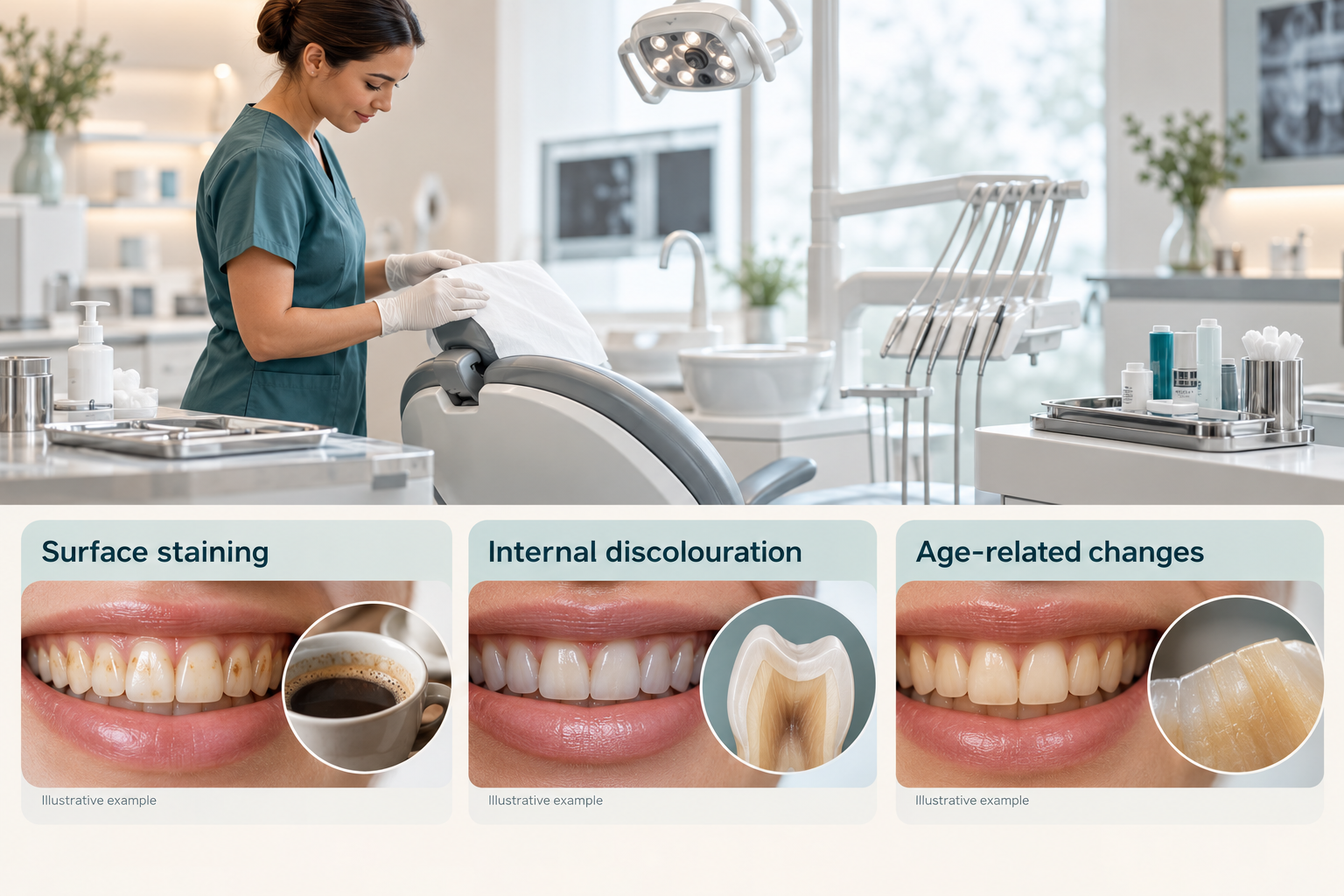 Infographic: Comparison of extrinsic, intrinsic and age-related tooth discolouration. Surface staining. Internal discolouration. Age-related changes