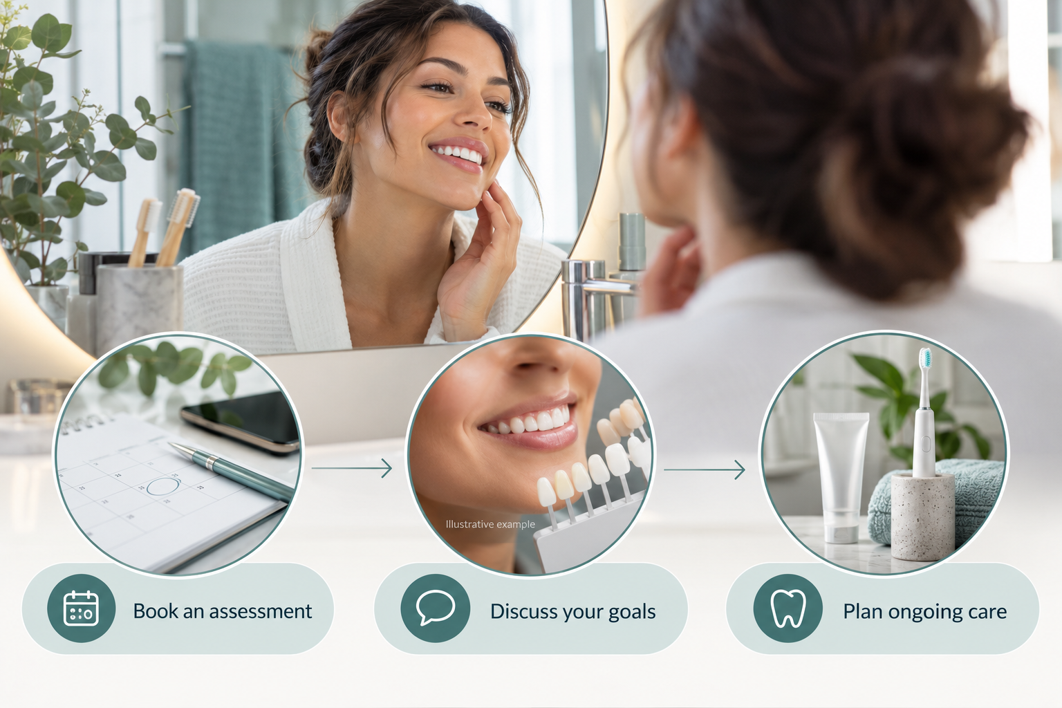 Infographic: Planning your professional teeth whitening treatment: consultation to aftercare. Book an assessment. Discuss your goals. Plan ongoing care