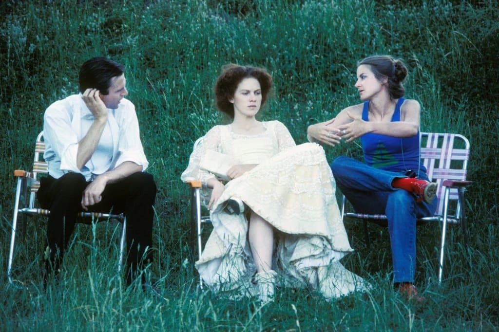 On the set of My Brilliant Career 40 years ago are Sam Neill, Judy Davis and director Gillian Armstrong.