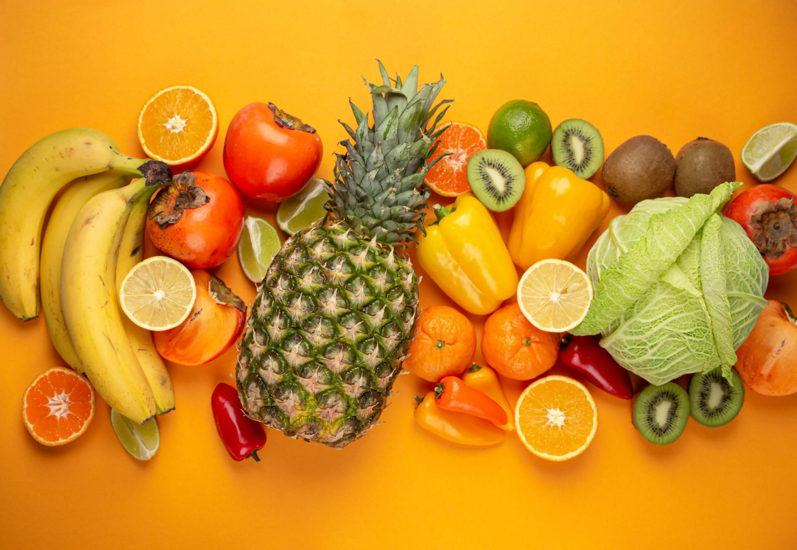 Fruit, citrus, vegetables with vitamin C, yellow orange backgrou fruit citrus vegetables with vitamin c yellow orange background top view vitamin c natural sources immunity stimulation against viruses avitaminosis healthy food boost immune system scaled