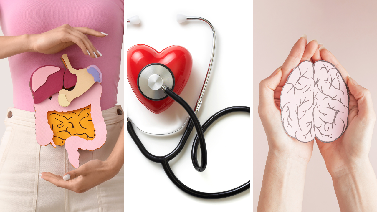 a collage of a woman holding a paper heart and a stethoscope