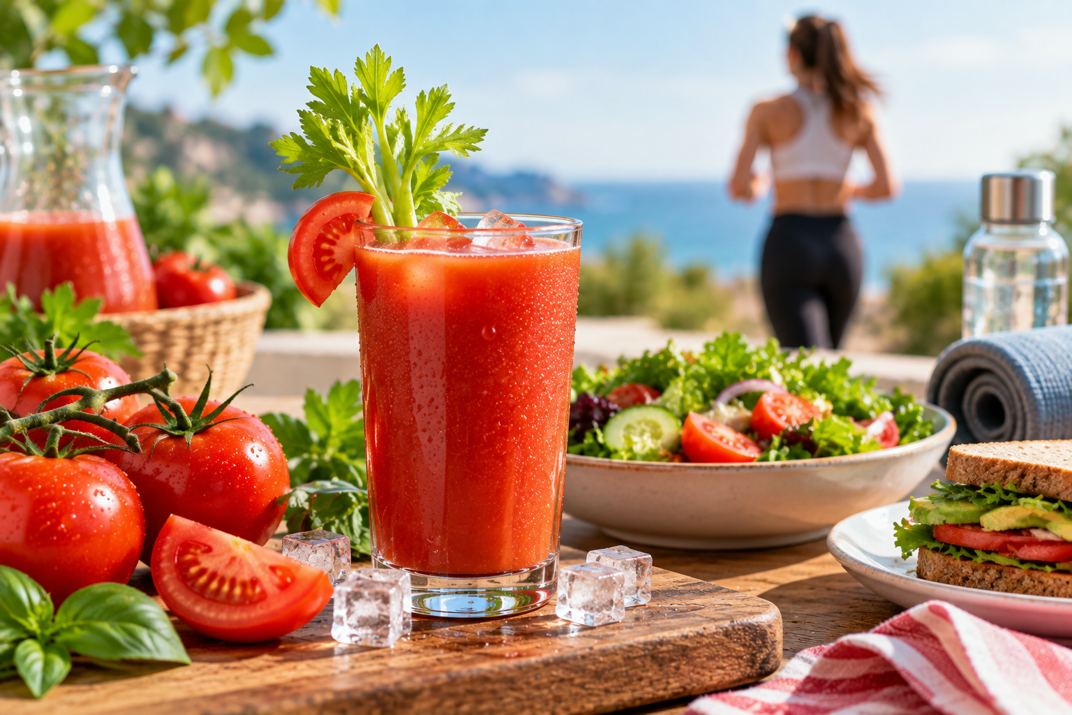 Fresh tomato juice with healthy foods for a balanced diet